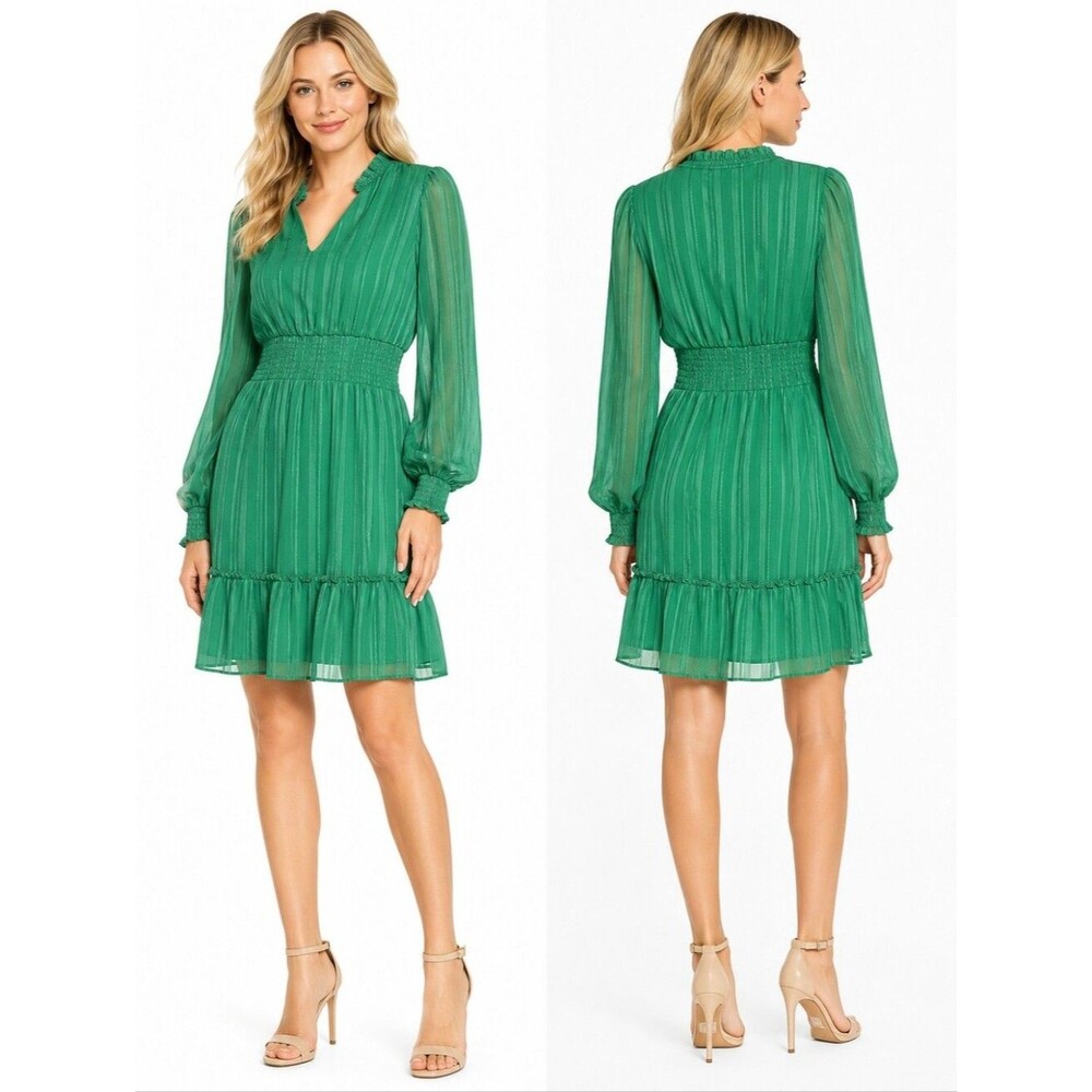 Nanette Lepore Shadow Stripe Smocked Mini Dress Women Green Long Sleeve Size 8